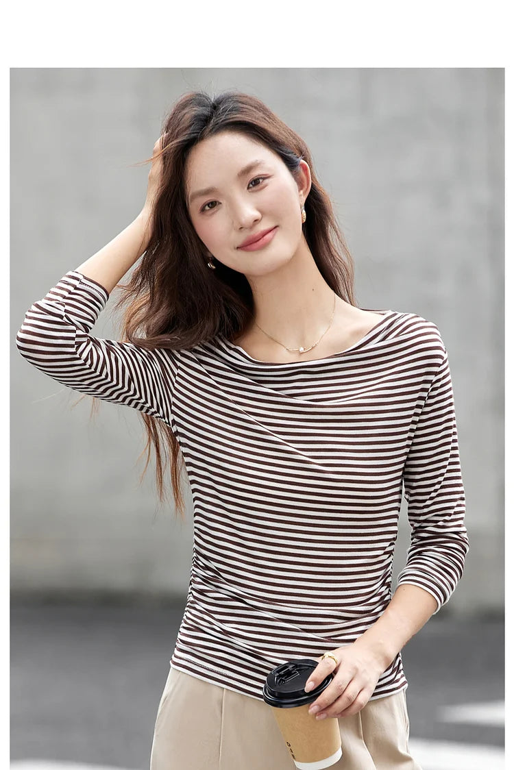 VIMLY Tops Woman 2026 Spring Fall Slash Neck Long Sleeve Ladies T-shirts Casual Knitted Slim Fit Strecth Female Tees A3039