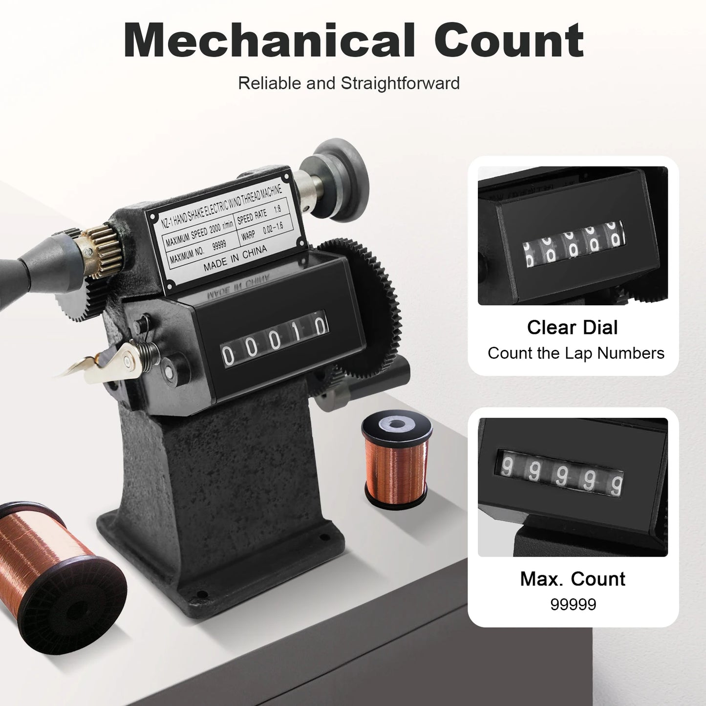 Fishing Line Spooler with Counting Machine, 0-99999 Count Range, Cast Iron Frame, Max Diameter 150mm, Winding Machine for