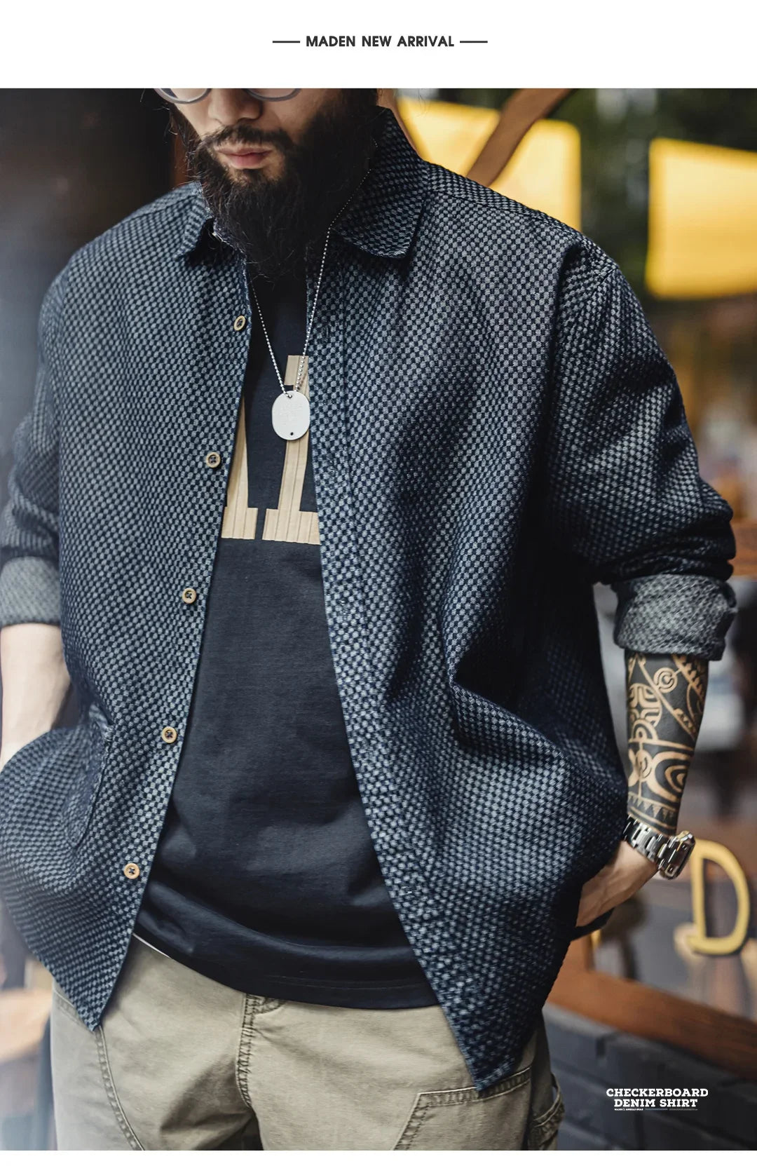 Maden Retro Loose Long-sleeved Denim Shirt Checkered Lapel Single-breasted Jacket for Men Spring and Fall Versatile Outerwear