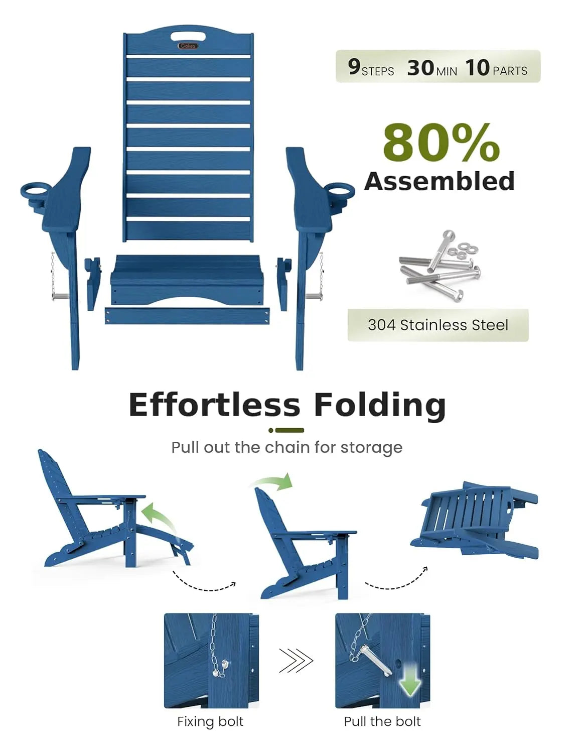 Folding Adirondack Chair Set of 2, Retractable Ottoman & Pull-Out Footrest, Weather Resistant for Fire Pit Lawn Outdoor , Custom