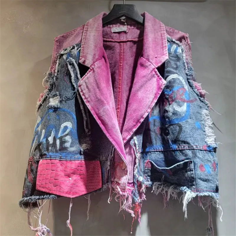 DEAT Women Denim Waistcoat Turn-Down Collar Burrs Edge Tassel Do Old Graffiti Single Button Vest 2026 Spring New Fashion 29A5833
