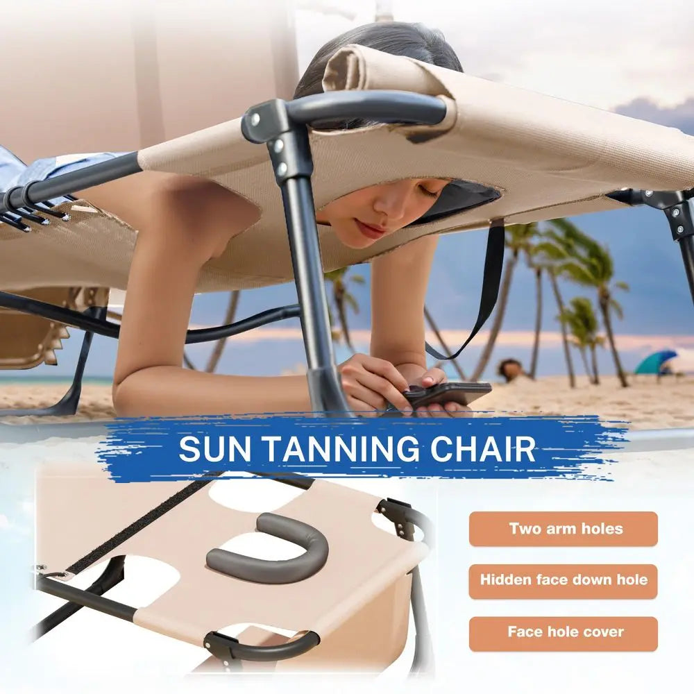 Beach Lounge Chair, Outdoor Sun Tanning Chair with Face Hole, Heavy Duty Folding Portable Lay Chaise Lounge Chairs for Outside