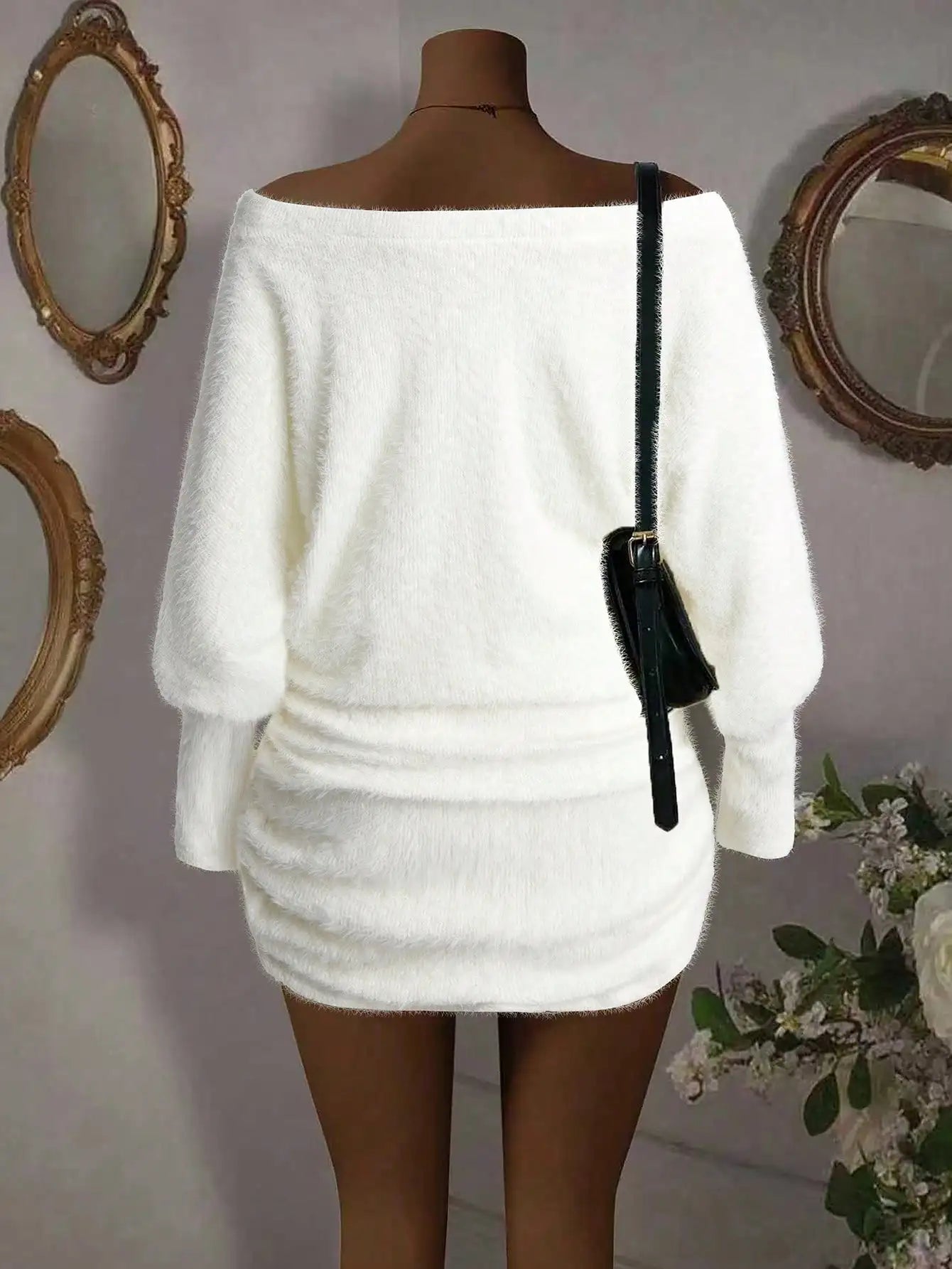 Off Shoulder Long Sleeve Fuzzy Ruched Mini Dress for Women, Elegant Party Wear