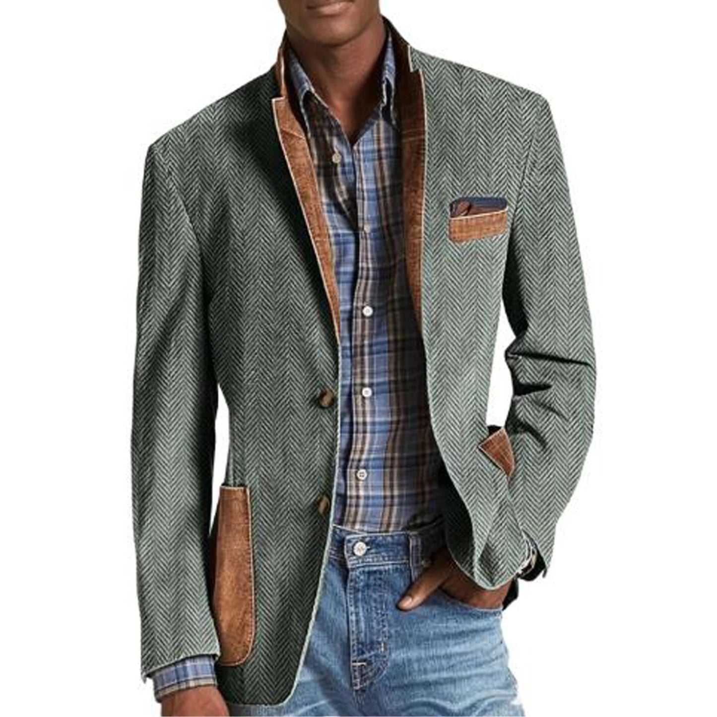 Vintage Men's Herringbone Blazer Casual Patchwork Suede Trim Notched Collar Suit Jacket Slim Fit Fashion Business Sport Coat