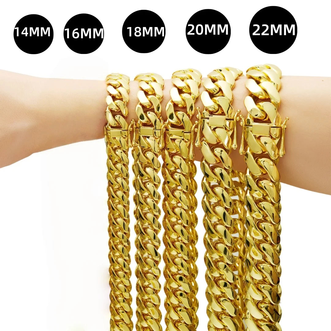 14-22mm Hip Hop Bling Gold Color Stainless Steel Dense Cuban Miami Link Chain Necklaces 14k Gold-plated for Men Rapper Jewelry