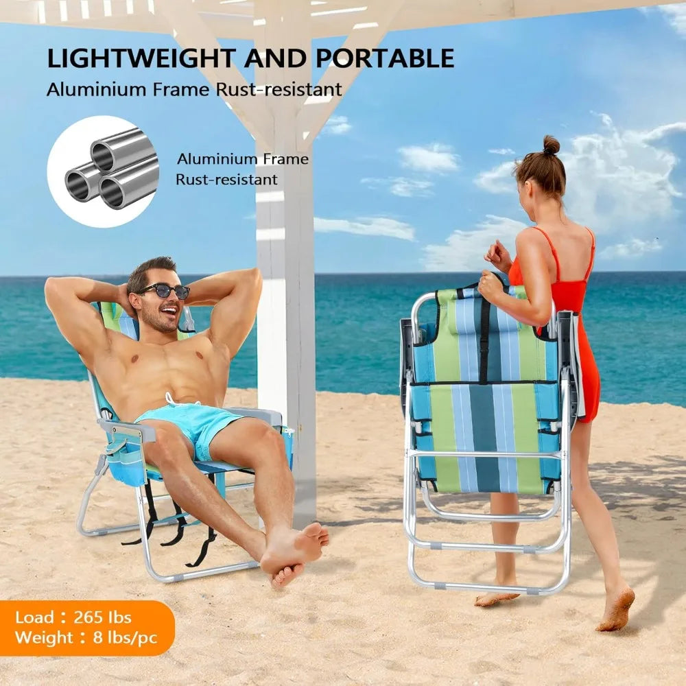 Tall Beach Chair 2 Pack Lightweight, Backpack Beach Chair for Adults with 5-Position, Cooler Bag, Cup Holders, Customized