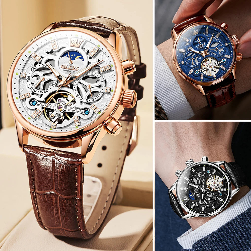 OLEVS Top Brand Men's Watches Fashion Skeleton Tourbillon Automatic Mechanical Wrist Watch for Men Waterproof Leather Strap New