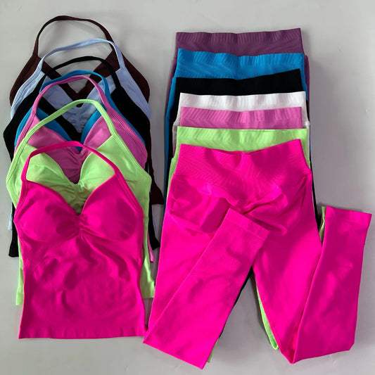 No Logo Seamless Gym Set Women Tank Tops High Waist Scrunch Yoga Leggings Fitness Clothes Workout Sets Gym Suit Activewear