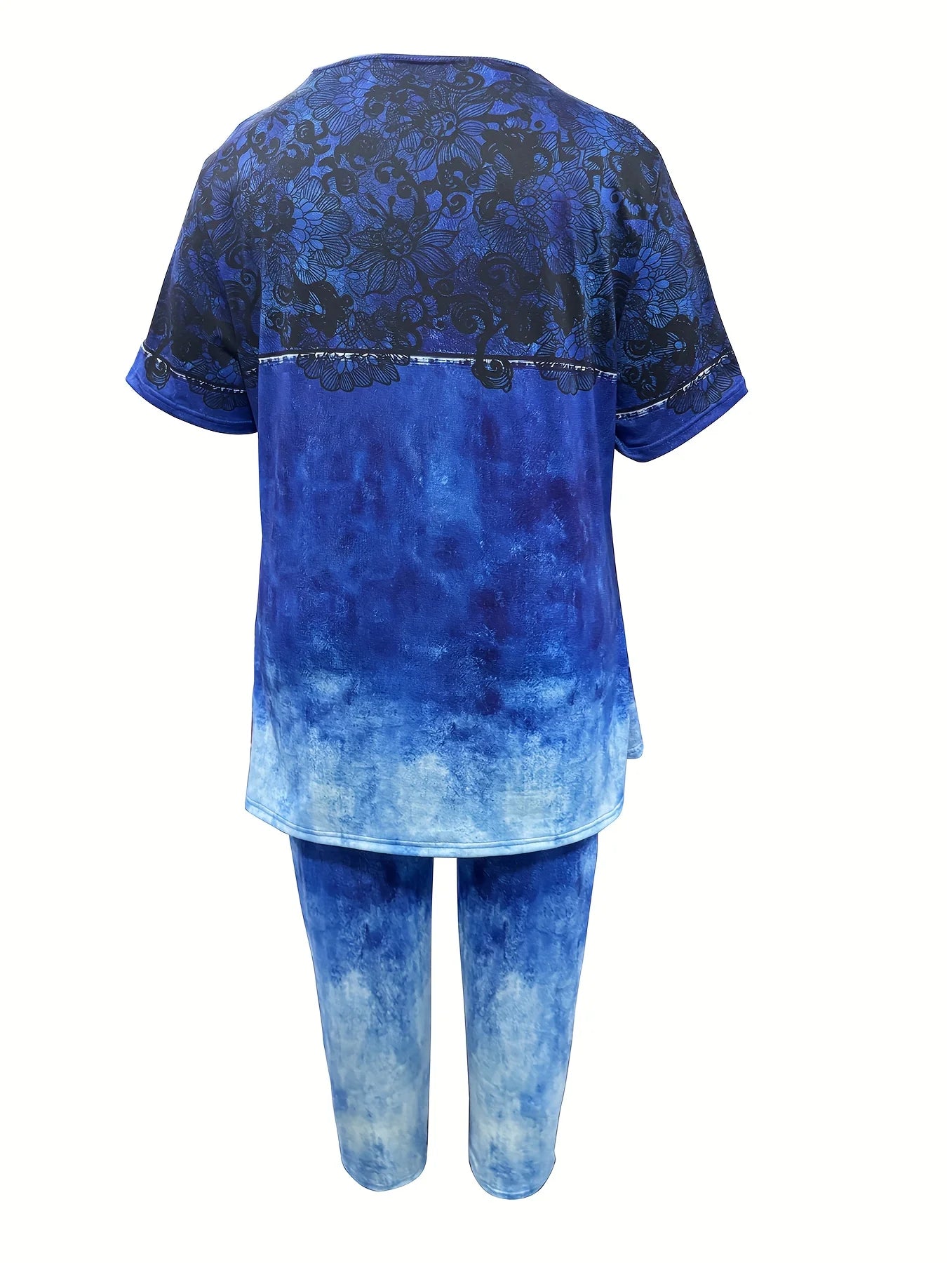 Plus size American fashion faux denim print short front long back suit - short sleeve crew neck top with asymmetrical hem and st