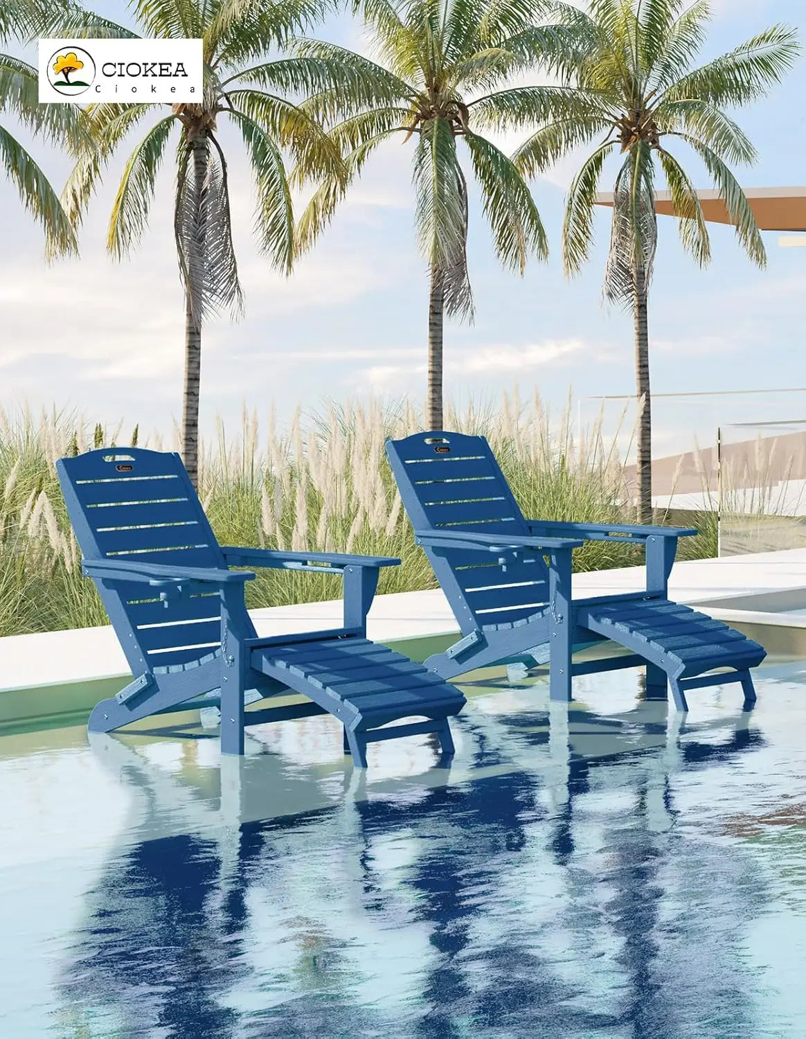 Folding Adirondack Chair Set of 2, Retractable Ottoman & Pull-Out Footrest, Weather Resistant for Fire Pit Lawn Outdoor , Custom