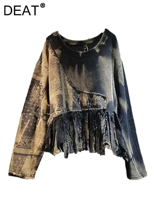DEAT Women Pullover Knitted Distressed Tie-dye Printed Black Vintage Tassel Long Sleeve Sweater Summer 2026 New Fashion 11A0969