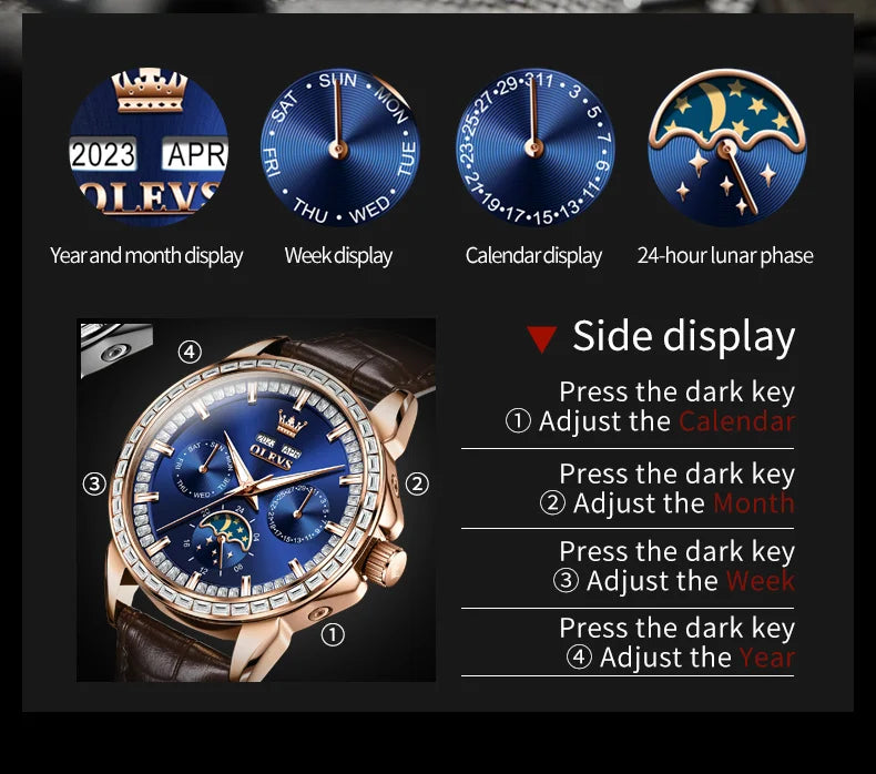 OLEVS 6695 NEW Men's Watches Full Diamond Multifunctional Dial Blue Leather Strap Calendar Week Moon Phase Waterproof Wristwatch