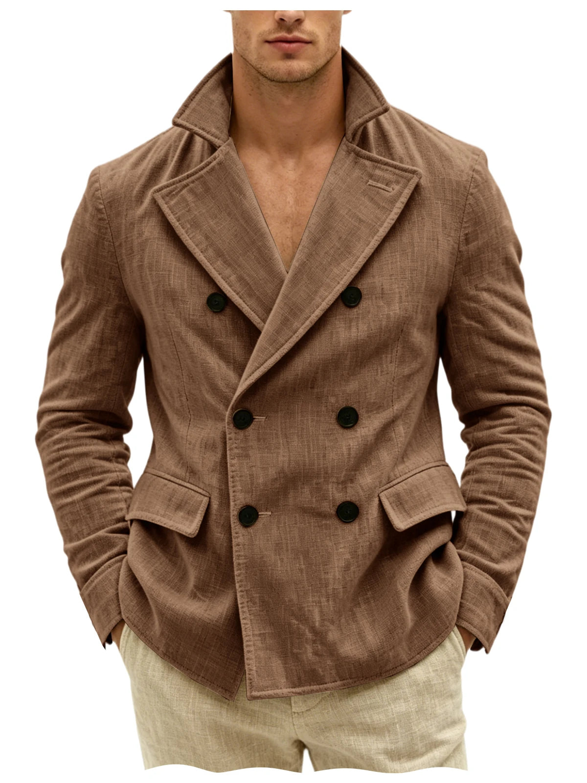 Men's Khaki Linen Blazer Double Breasted Peaked Lapel Lightweight Breathable Soft Cool Casual Formal Sport Coat For Summer Beach