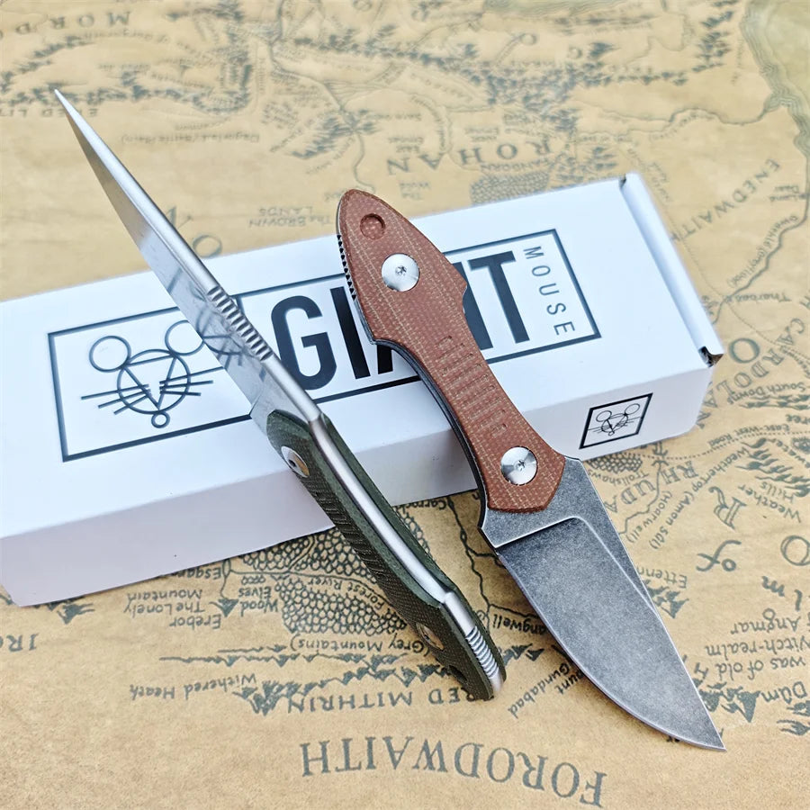 GiantMouse GMF3 Fixed Blade Knife Satin Drop Point Blade with Leather Sheath Outdoor Camping Hunting Portable Straight Knives