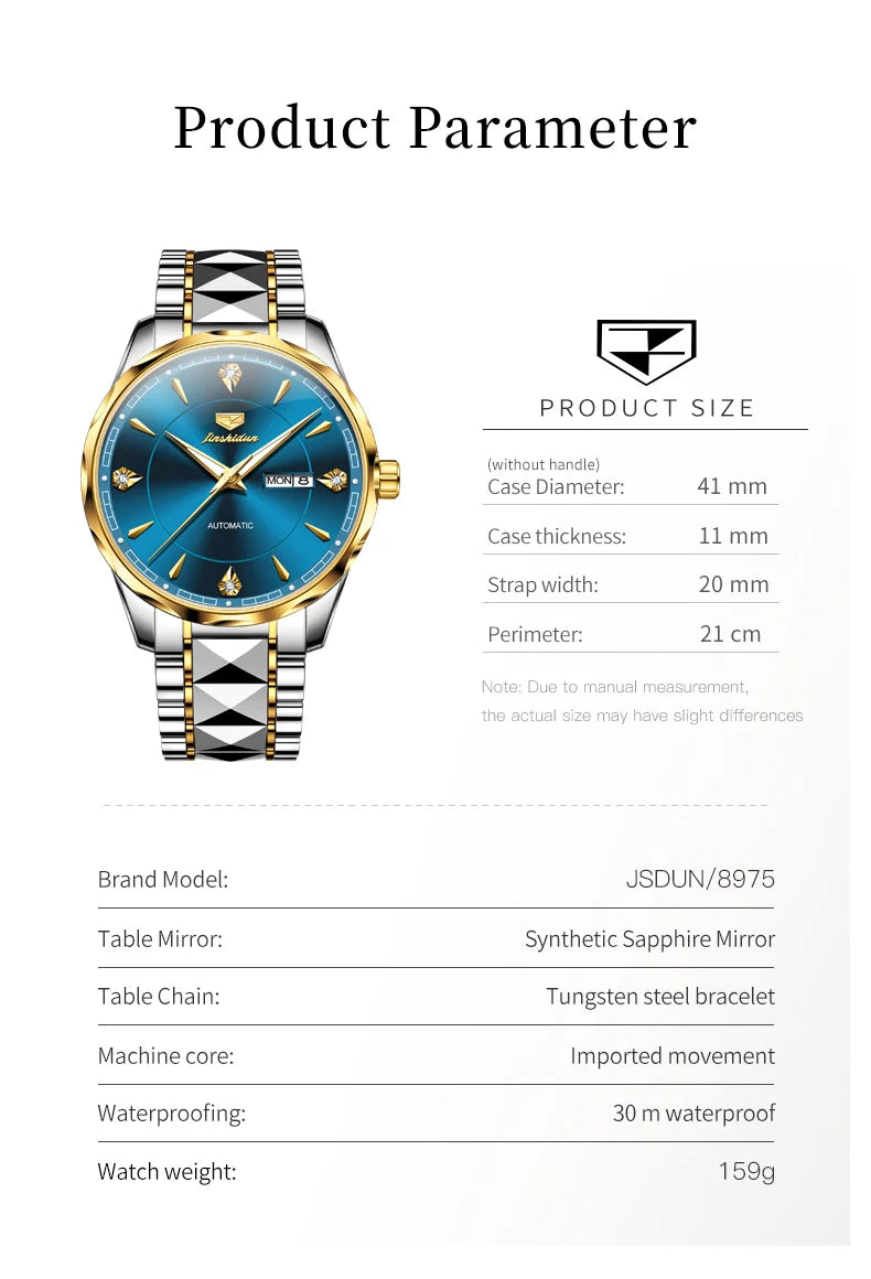 JSDUN High End Men's Watches Auto Calendar Week Tungsten steel Sapphire Mirror Automatic Mechanical Watch for Men Luxury Brand