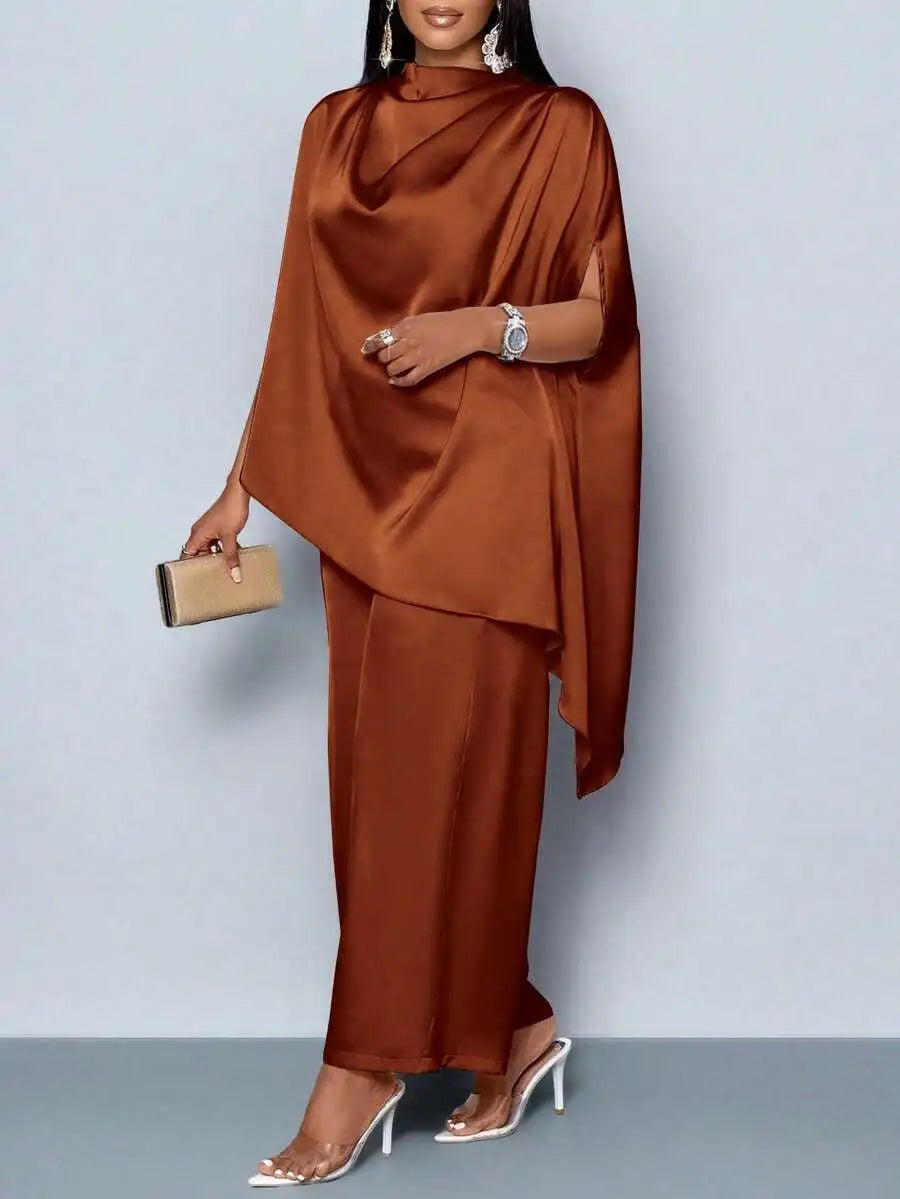Women's Satin Mock Neck Asymmetrical Blouse & Straight Leg Pants Set, Elegant Plus Size Outfit for Fall