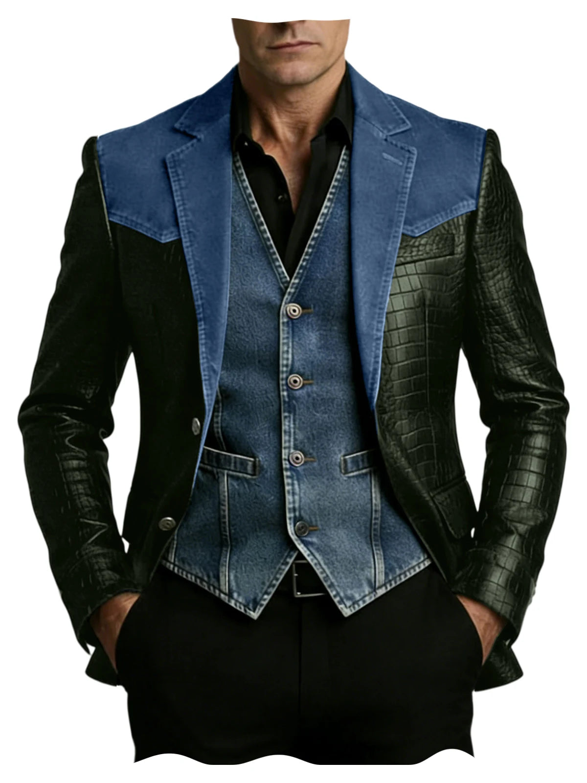 Men's Blazer Luxury Crocodile Embossed Leather Patchwork Denim Suit Jacket Notched Lapel Western Cowboy Party Casual Streetwear