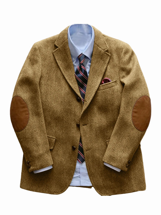 Men's Tweed Blazer Herringbone Wool Blend with Elbow Patches Retro Luxury Notch Lapel Sport Coat for Business Casual Vintage