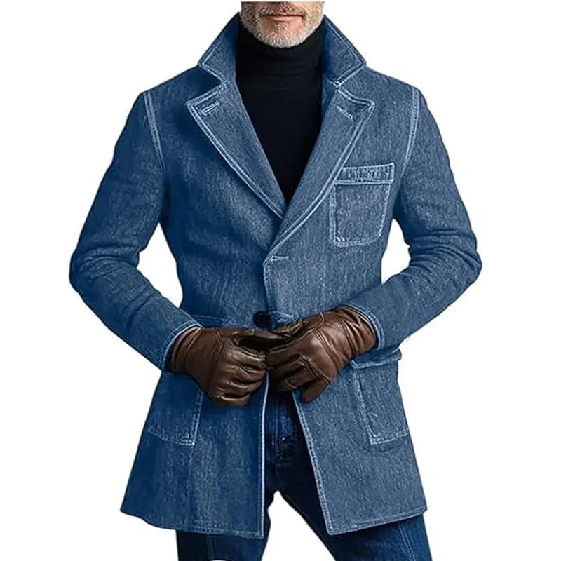 1940s Men's Washed Denim Trench Coat Mid Length Vintage Slim Fit Notched Lapel Faded Jean Coat For Business Casual Daily Wear