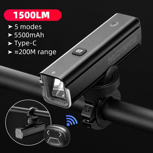 ROCKBROS Bike Light 1500LM 5000mAh Bicycle Lights IPX6 Aluminum Type-C Rechargeable Smart Brightness Sense Adjust Cycling Lamp