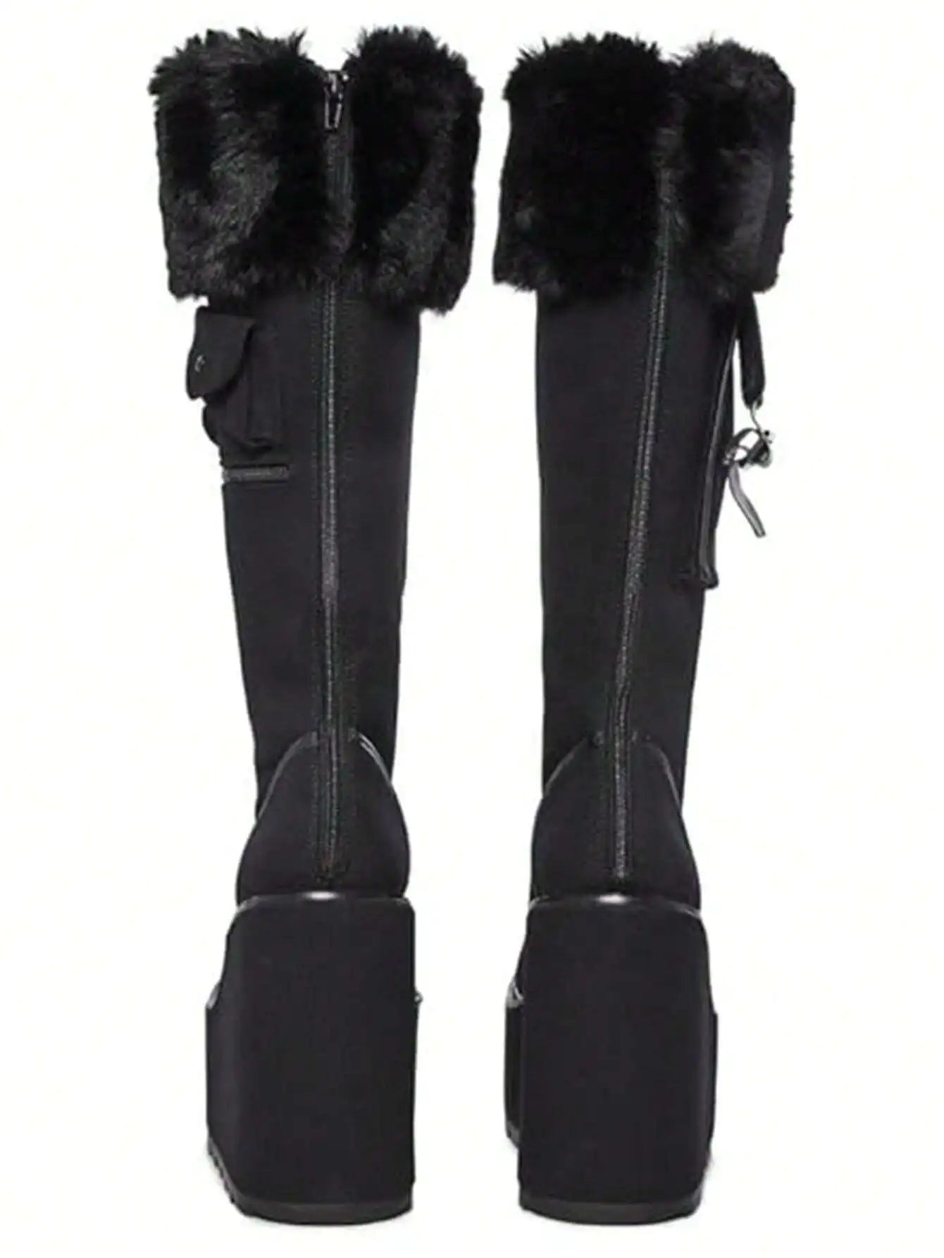 Punk Gothic Women Combat Boots Chunky Wedges Heel Fur Mid Calf Platform Luxury Winter Halloween Shoes Woman