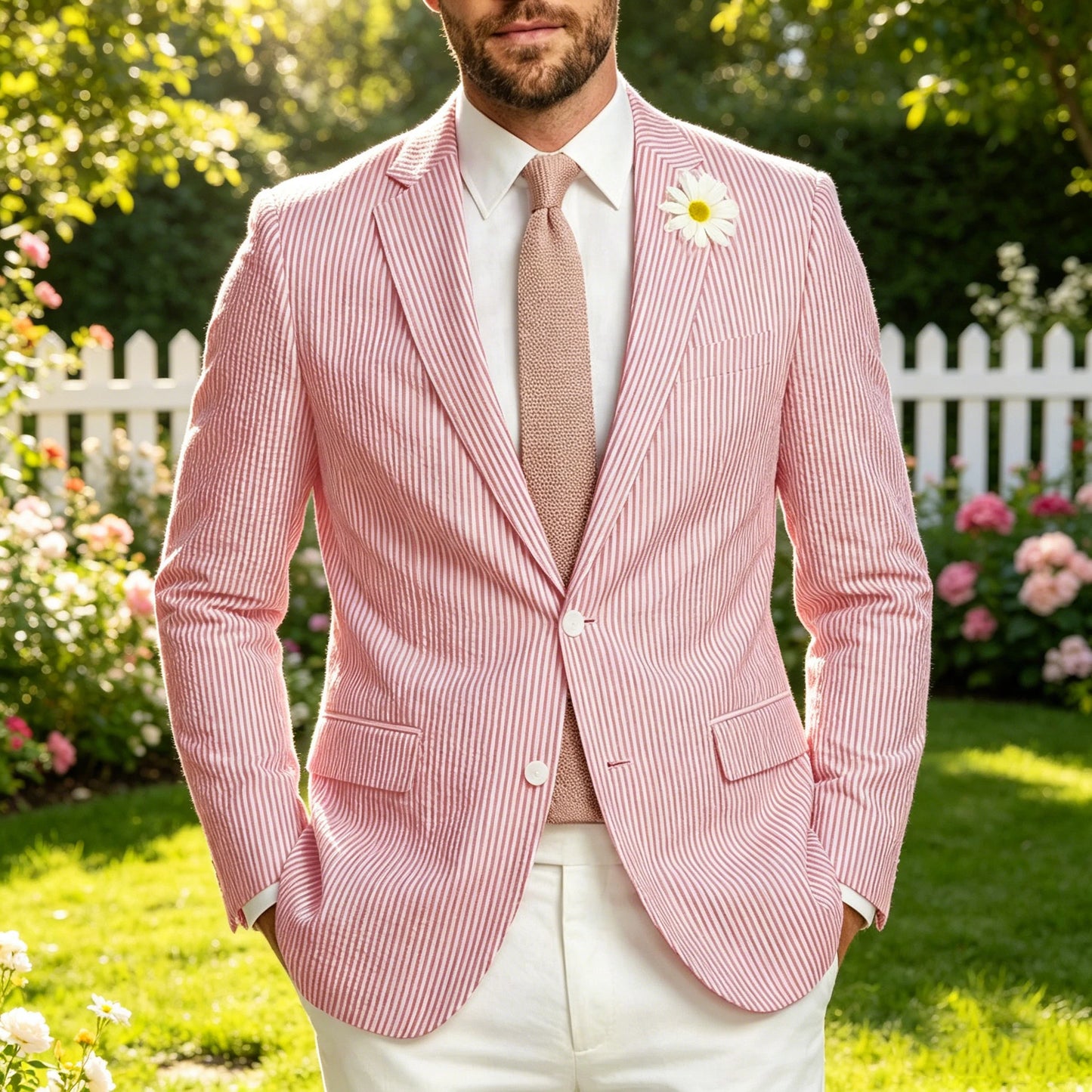 Men's Striped Seersucker Blazer Notch Lapel Slim Fit Suit Jacket Summer Lightweight Business Casual Sport Coat for Wedding Party
