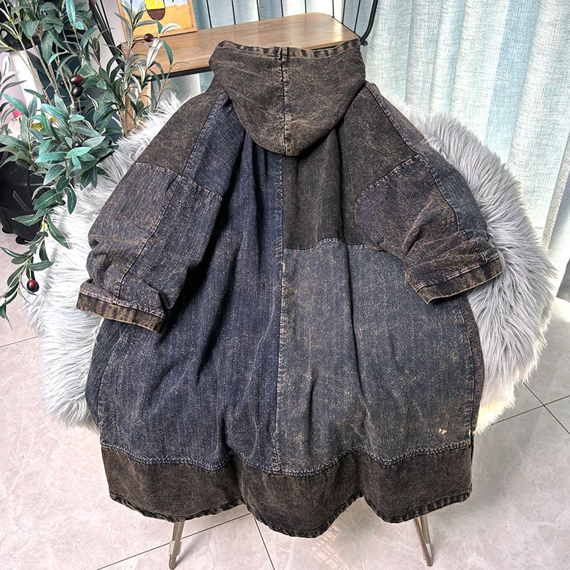Chinese Style Personalized Old Fabric Denim Patchwork Hooded Vintage Loose Long Sleeved Dress Women Spring Autumn MCP008