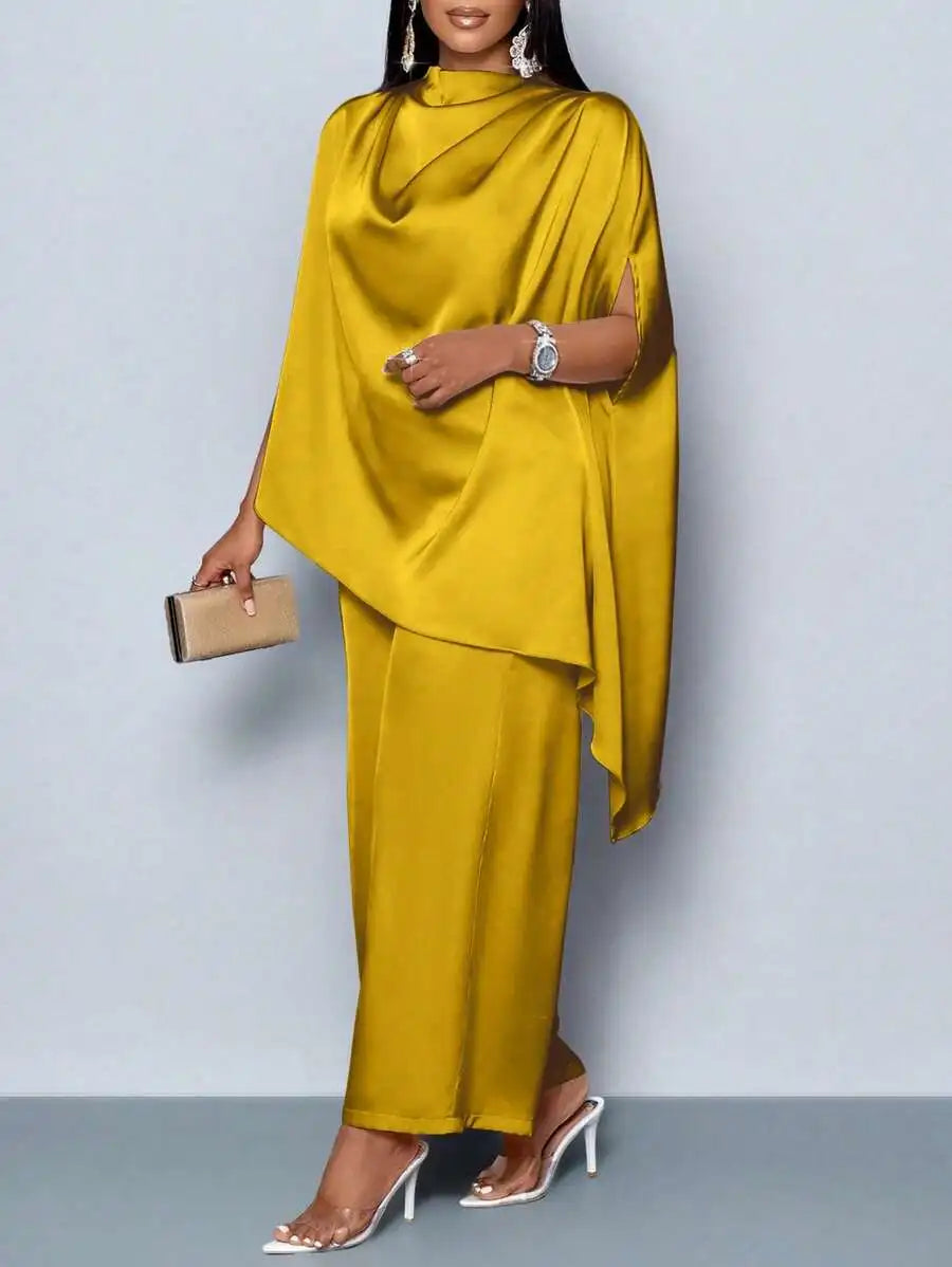 Women's Satin Mock Neck Asymmetrical Blouse & Straight Leg Pants Set, Elegant Plus Size Outfit for Fall