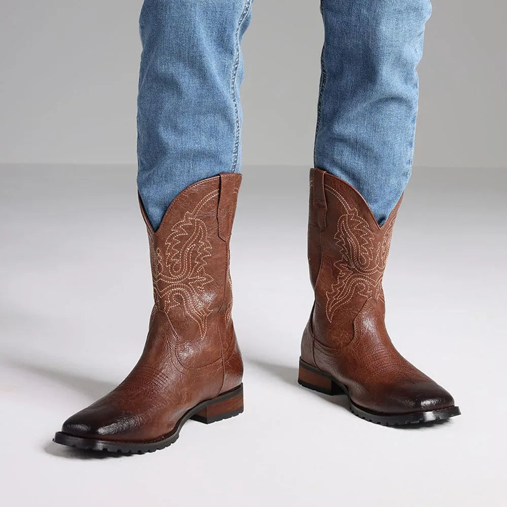 DoraTasia Plus size 12.5 New Fashion Retro Square Toe Neutral Cowboy Boots Luxury Embroidered Concise Pull-on Western Boots