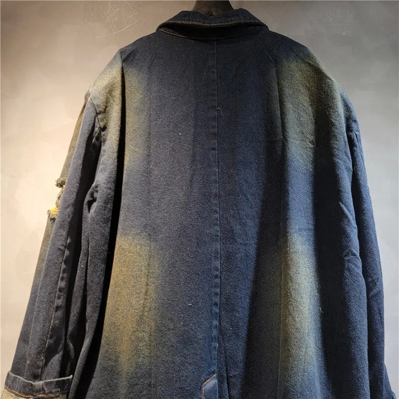 WTHT Vintage Fashion Women's Broken Hole Denim Coat 2024 Winter Trendy Turn-down Collar Long Sleeves Jacket Female 1LS439