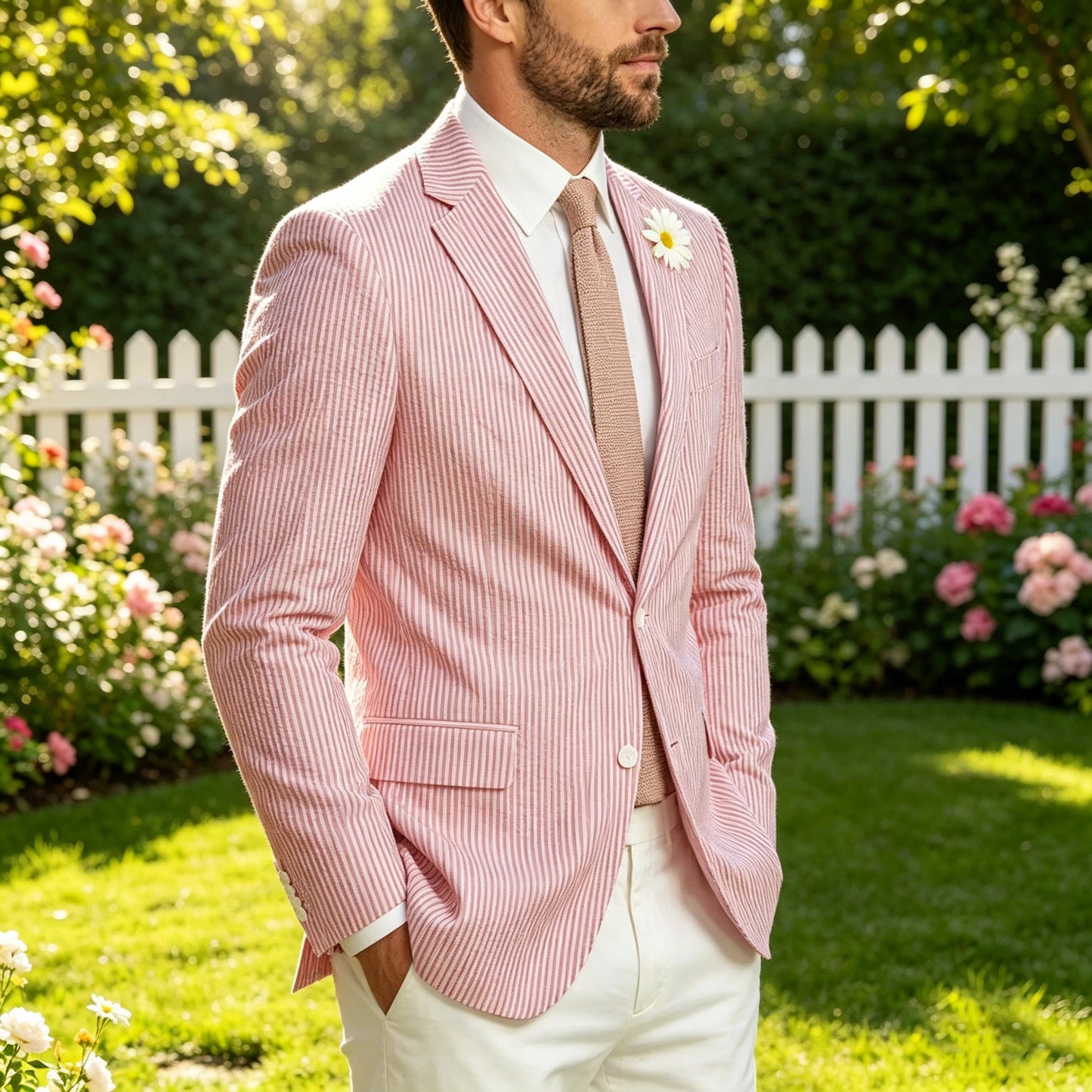 Men's Striped Seersucker Blazer Notch Lapel Slim Fit Suit Jacket Summer Lightweight Business Casual Sport Coat for Wedding Party