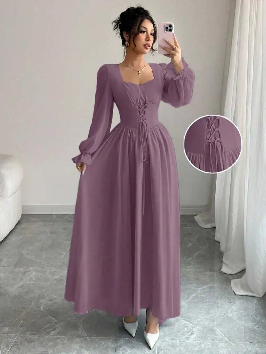 Elegant Blue Long Sleeve Maxi Dress with Corset Lace-Up Waist, Square Neck, Ruffled Cuffs for Spring Summer Events