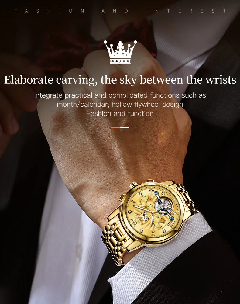 OLEVS Mechanical Watches Automatic Watch Men Waterproof Stainless Steel Strap Skeleton Gold Watch Male Wristwatch