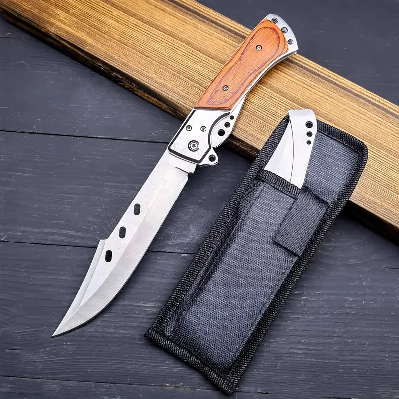 Tactical Folding Knife with Solid Wood Handle, High-Hardness Stainless Steel Blade, V-Grind Edge, Foldable Design for Camping, S