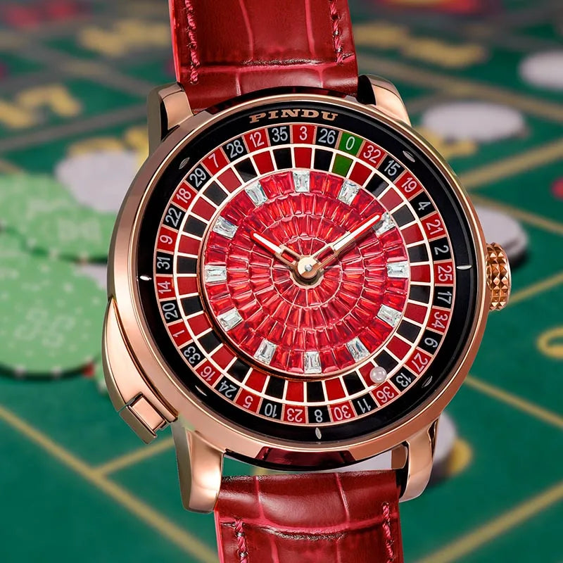Fashion Business Noble Red PINDU Top Men's Mechanical Watch NH35A Push Button Gambling Table Roulette Game Watch Sapphire Watch