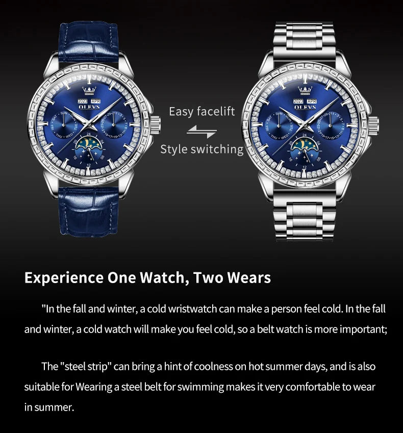 OLEVS 6695 NEW Men's Watches Full Diamond Multifunctional Dial Blue Leather Strap Calendar Week Moon Phase Waterproof Wristwatch