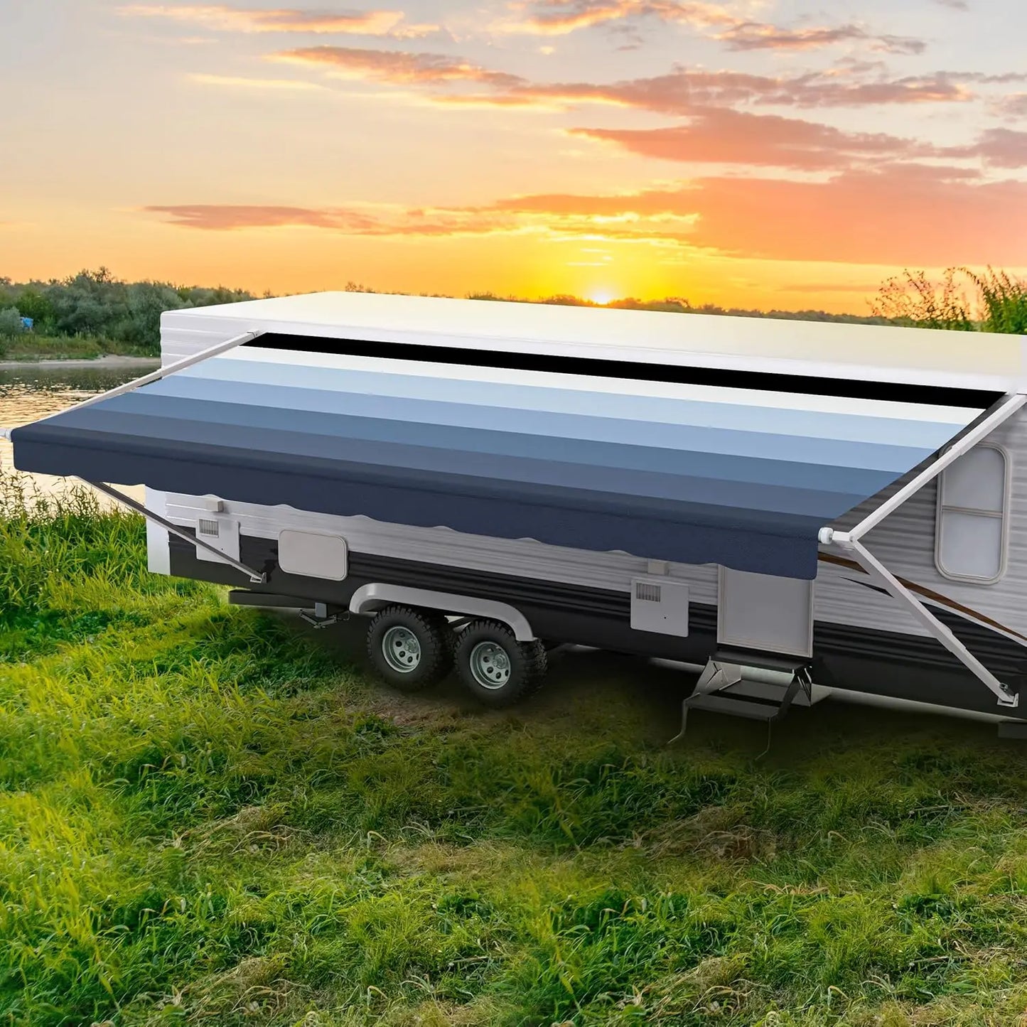 Weatherproof Vinyl RV Awning Fabric Replacement Universal Camper Trailer Canopy 17ft Fabric 16ft2in Brown, Custom