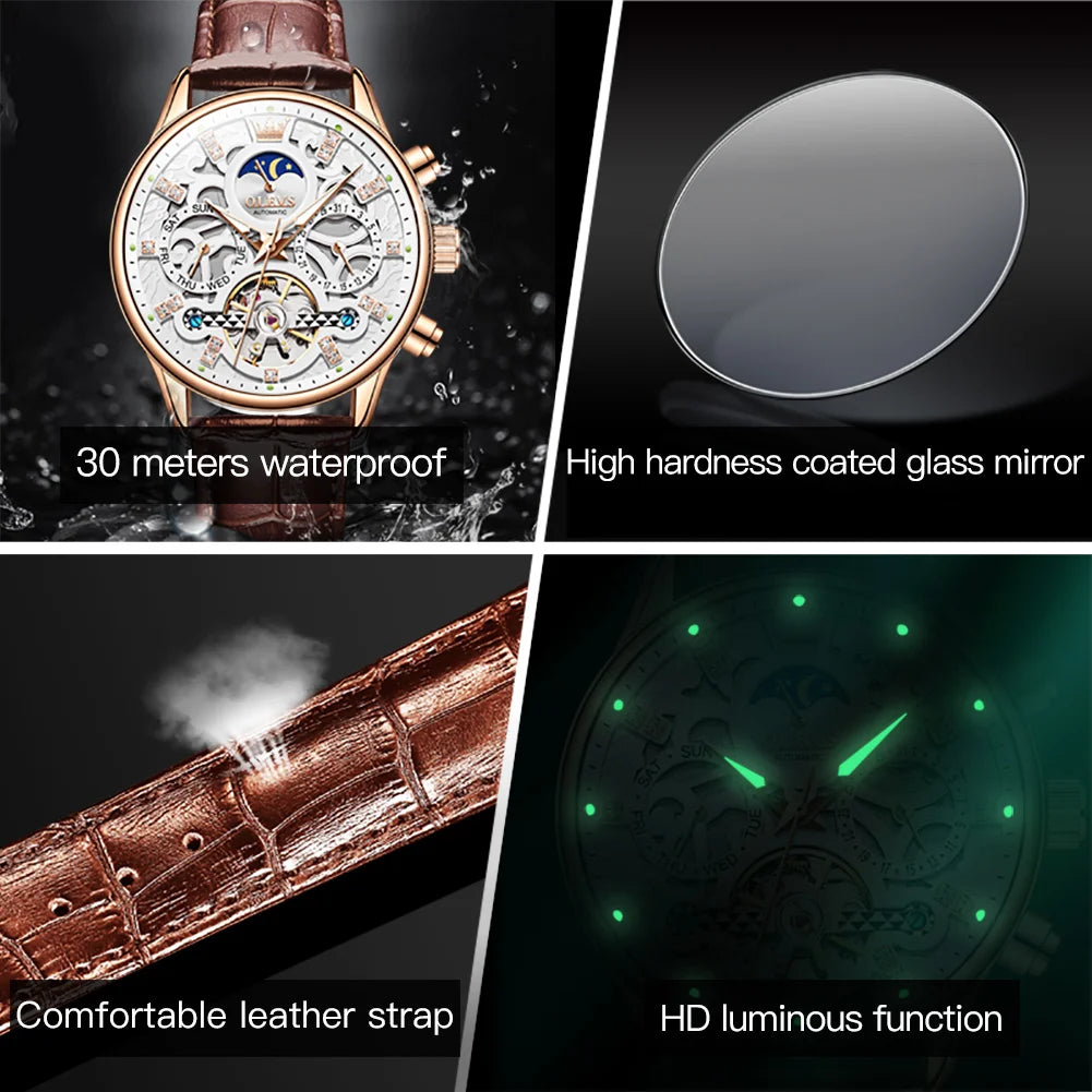 OLEVS Top Brand Men's Watches Fashion Skeleton Tourbillon Automatic Mechanical Wrist Watch for Men Waterproof Leather Strap New