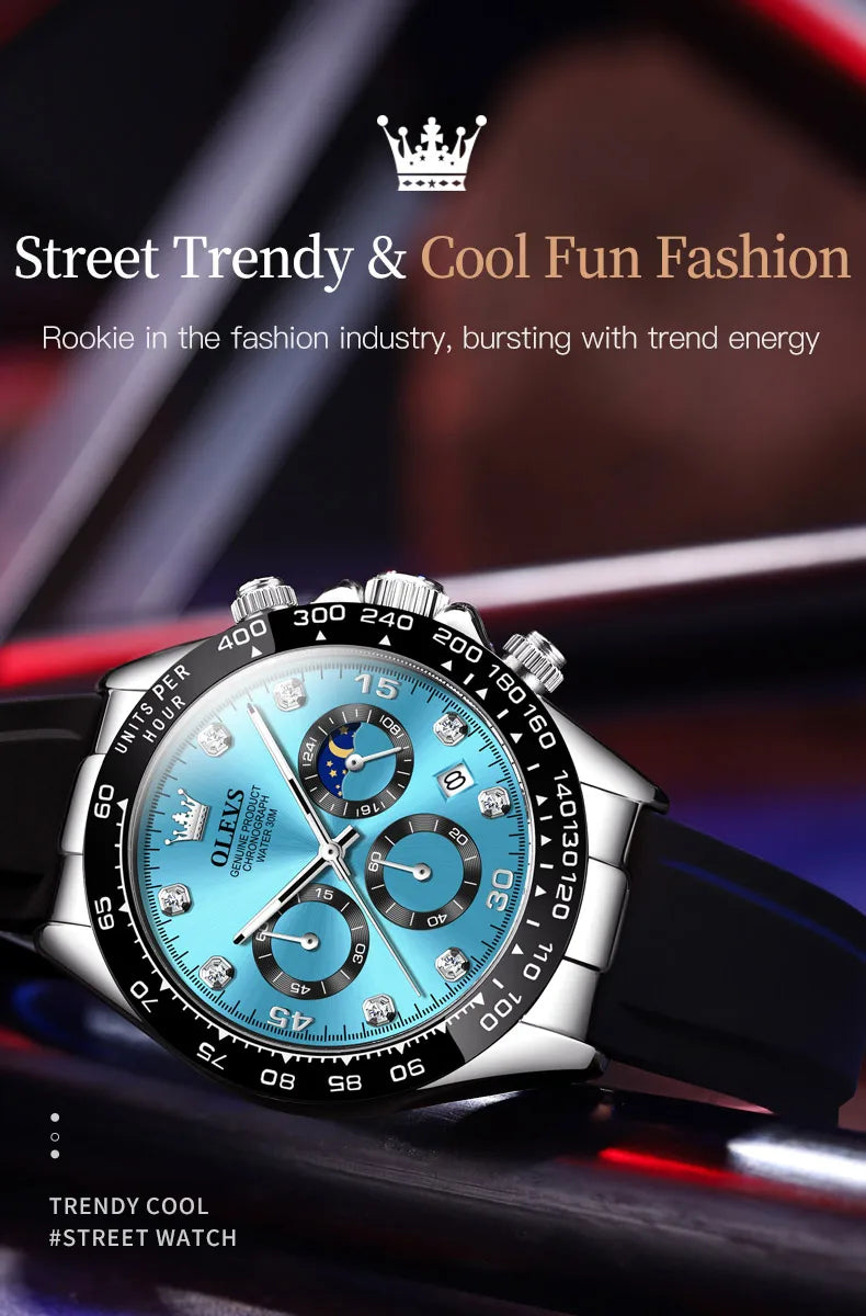 OLEVS Watches for Men Chronograph Analog Quartz Watch Moon Phase Silicone Diamond Waterproof Luminous Quartz Wrist Watches