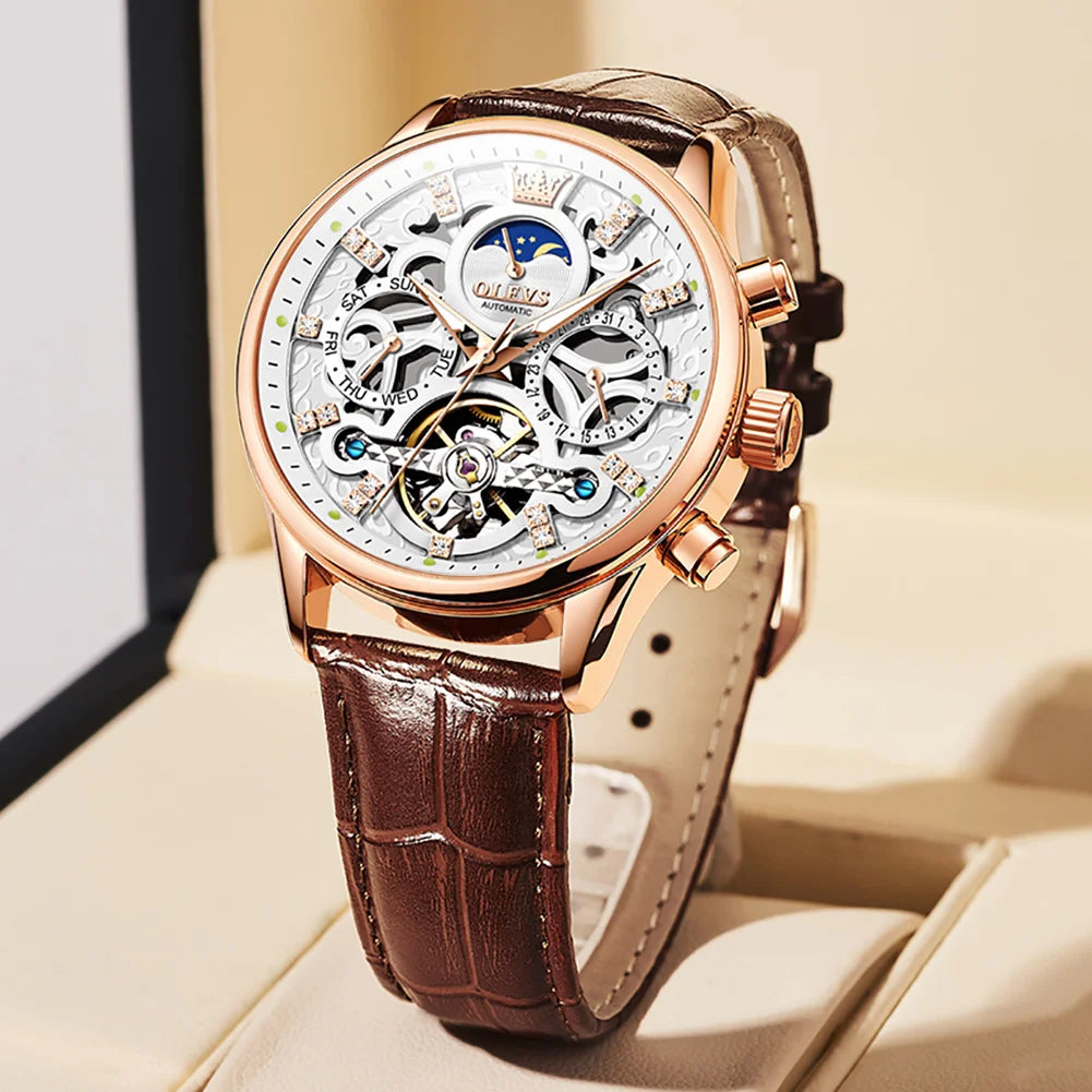 OLEVS Top Brand Men's Watches Fashion Skeleton Tourbillon Automatic Mechanical Wrist Watch for Men Waterproof Leather Strap New