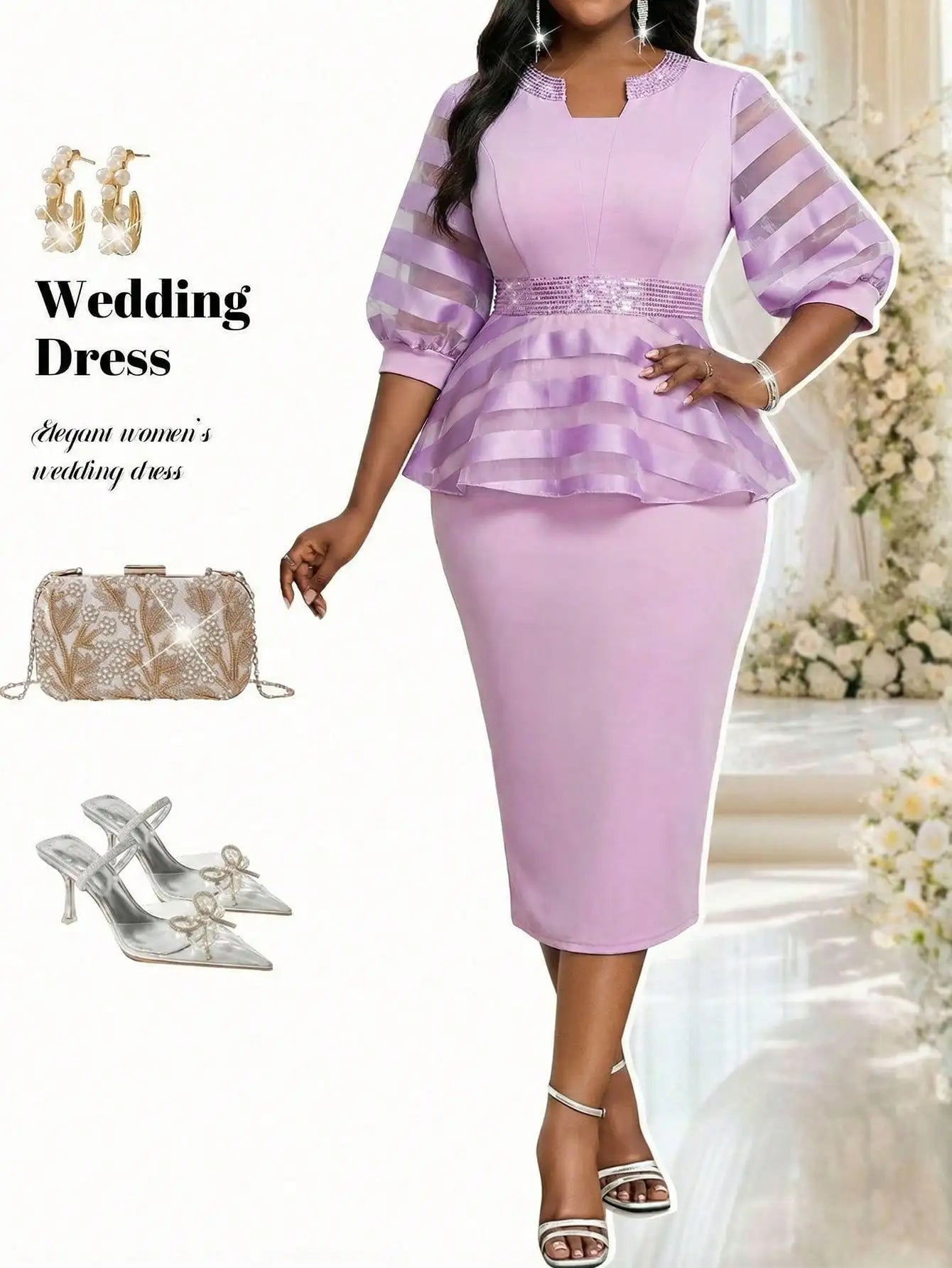 Elegant Plus Size Office Dress With Peplum Waist And Mesh Sleeves