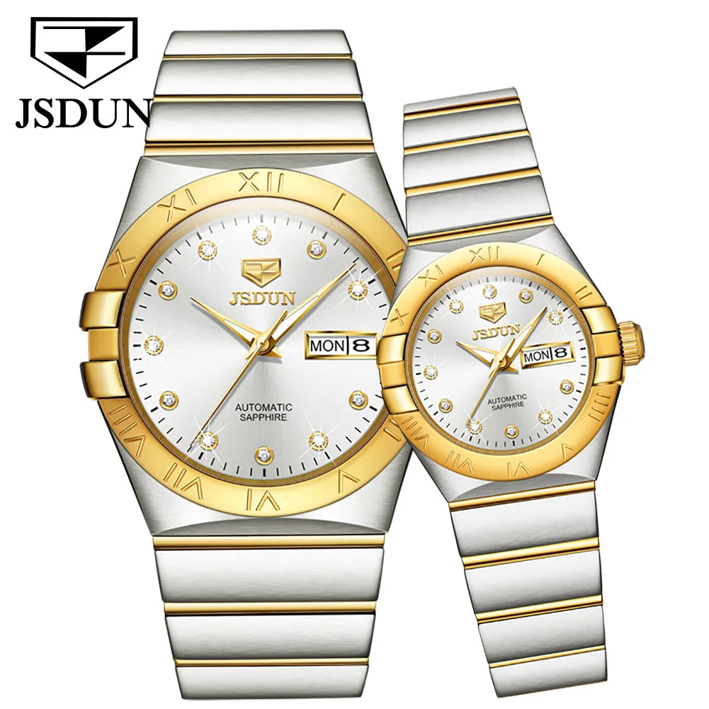 JSDUN Automatic Couple Watches Japan Movement Sapphire Mirror 100M Waterproof Luxury Diamond Gold Watch Lover's Watch Set Gift
