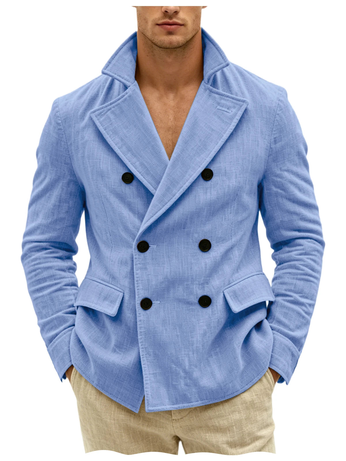 Men's Khaki Linen Blazer Double Breasted Peaked Lapel Lightweight Breathable Soft Cool Casual Formal Sport Coat For Summer Beach