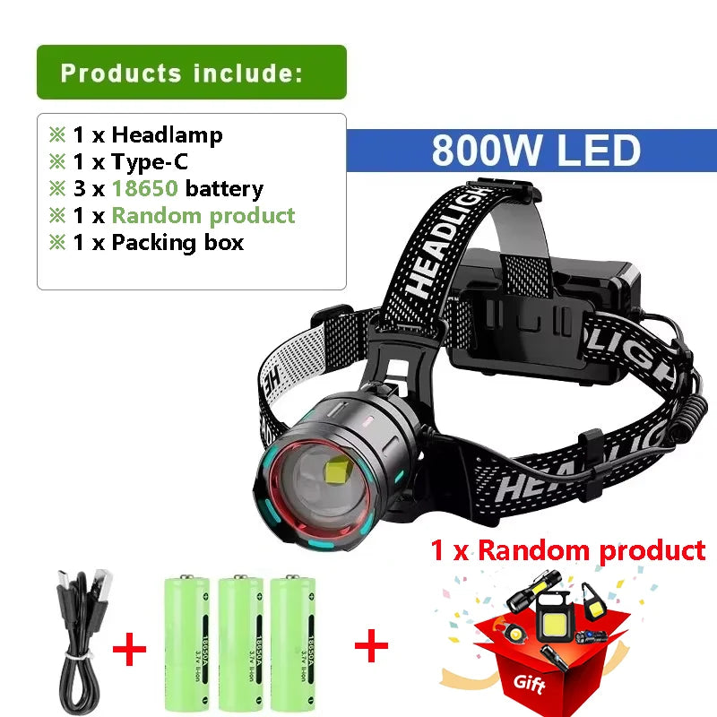 High Power LED Headlamp 7800mAH Rechargeable Headlights Outdoor Sensing Headlamp Zoom Head Torch for fishing Camping lighting