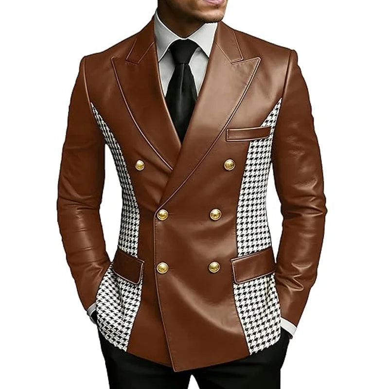 Men’s Brown Leather Blazer With Houndstooth Sides Vintage Two-Tone Double Breasted Slim Fit Gold Buttons Leather Tuxedo Jacket