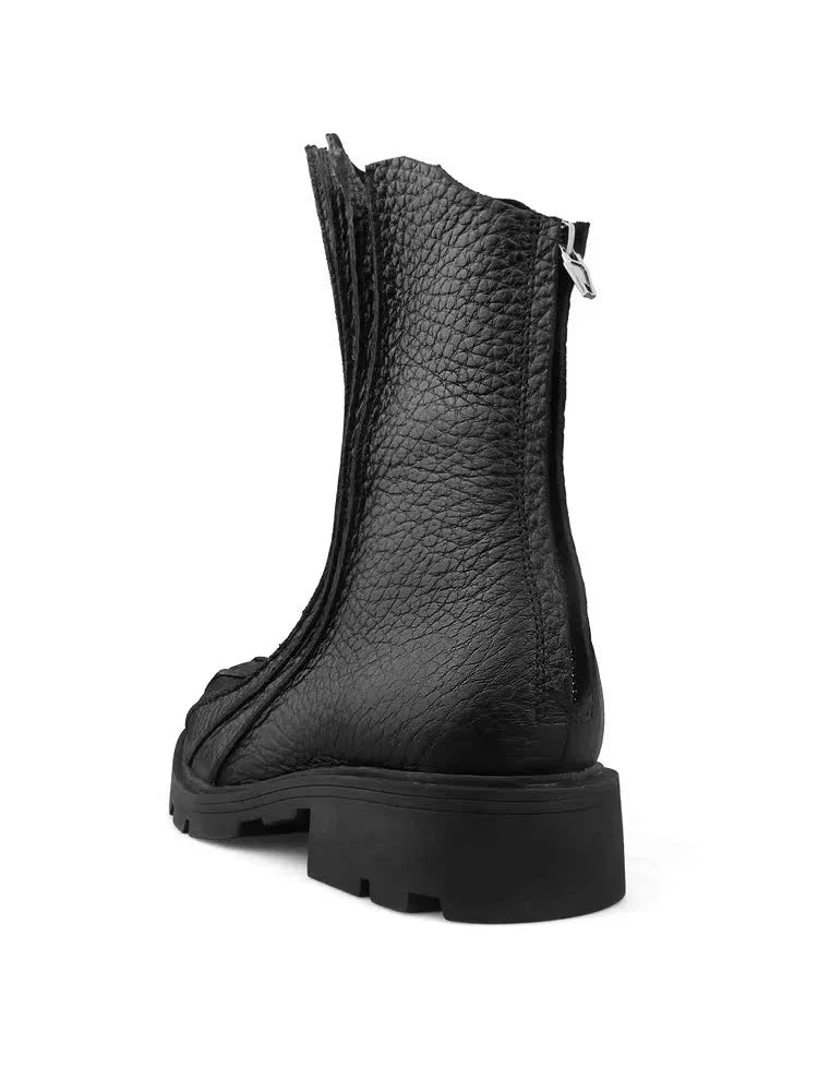 Winter New Mens Casual Black Designer Genuine Leather Comfortable Boots Mid Heel Zipper Motorcycle Round Toe Shoes Fashion Male