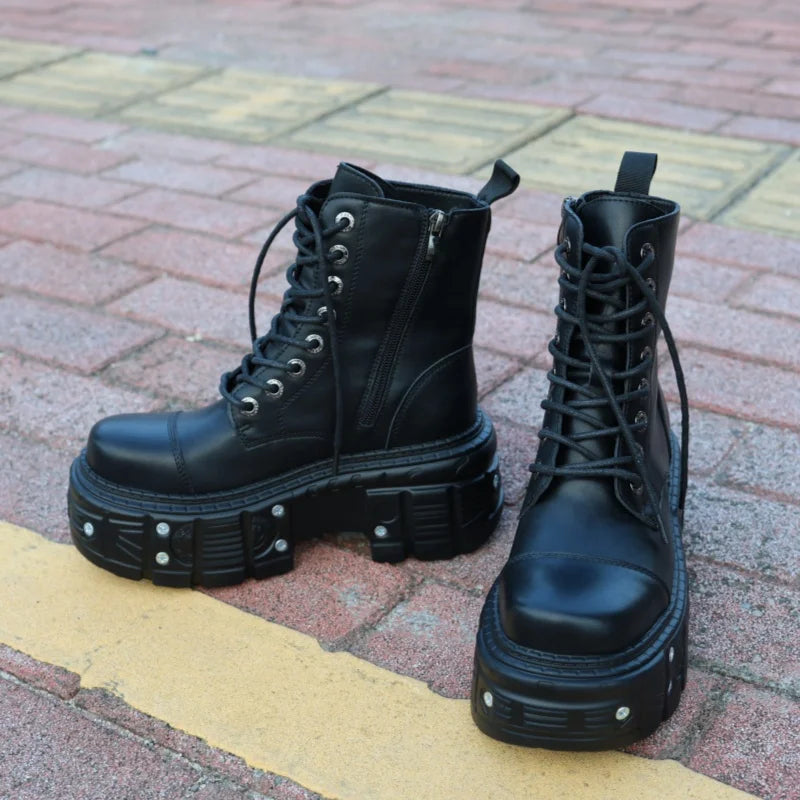 Gothic Motorcycle Boots Fashion Large Size Thick Heel Knight Boots Platform Metal Decoration Ankle Boots Punk High Top Shoes Ins