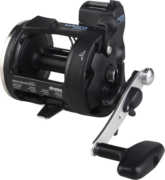 Compact Line Counter Trolling Reel, Lightweight and Durable for All-Day Fishing, Black/Silver Design