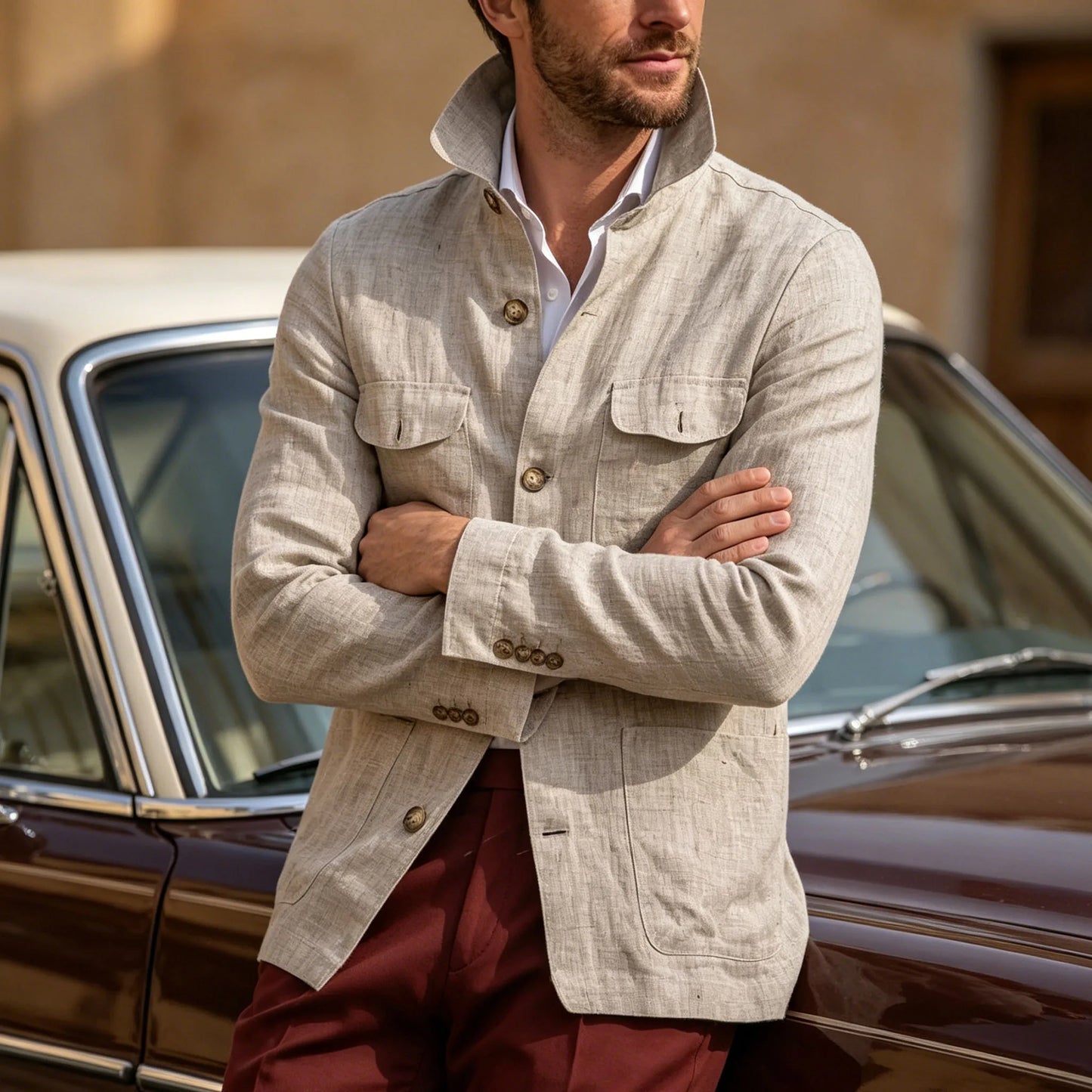 Men's Linen Safari Jacket Vintage Stand Collar Breathable Multi-Pocket Lightweight Casual Blazer Cotton Linen Blend For Summer