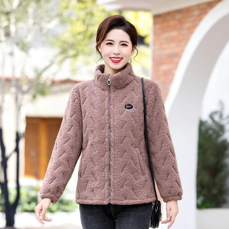 Women Furry Jacket Lamb Wool Liner Zipper Cotton-padded Jackets Full Sleeve Pocket Coats Casual Plus Velvet Jacket Outerwears